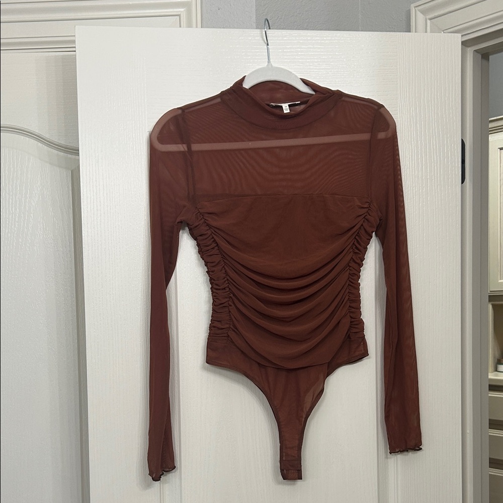 Promesa Sheer Ruched Bodysuit in Brown